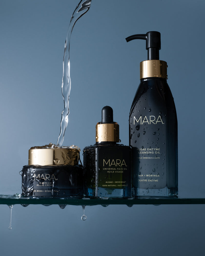 Water pouring on Cleansing Oil, Universal Face Oil and SeaDream Algae Creme