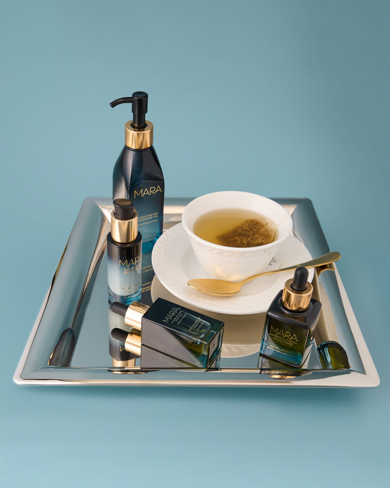 Tray with The Nighttime Set and a cup of tea on a blue background