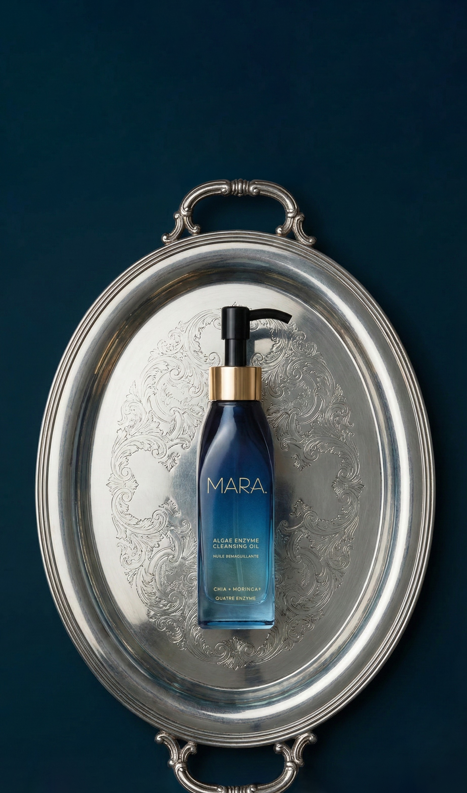 MARA Algae Enzyme Cleansing Oil on Silver Platter