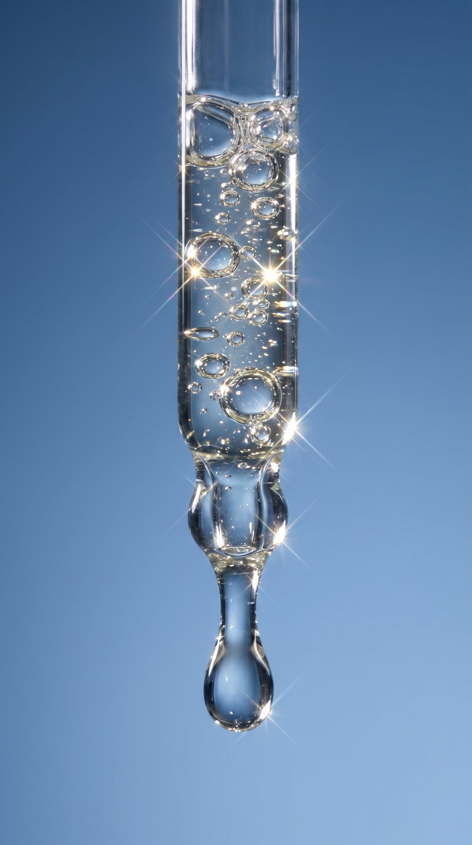 Glass dropper with Universal Face Oil on a blue background