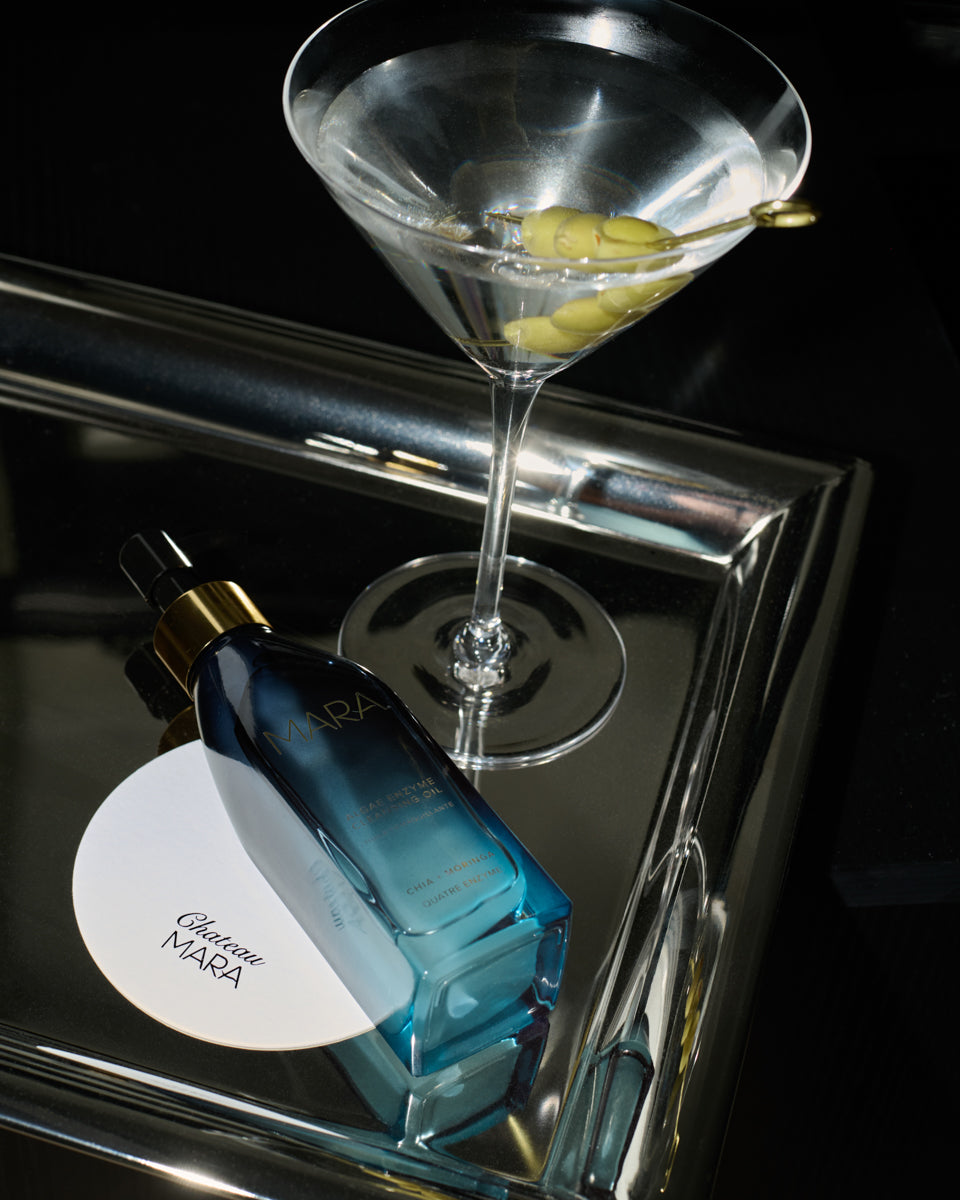MARA algae enzyme cleansing oil with martini on tray