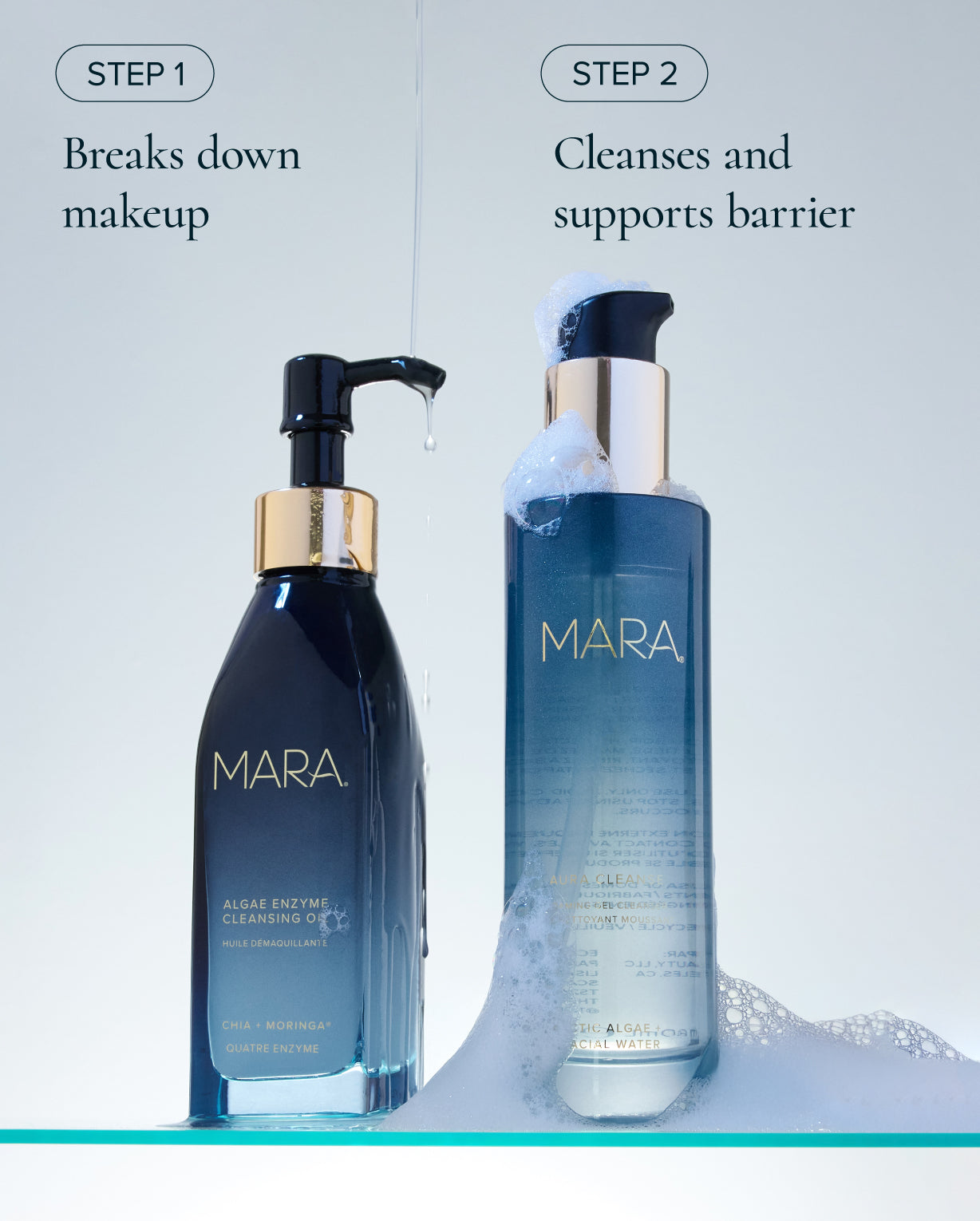 Algae Enzyme Cleansing Oil and Aura Cleanse Foaming Gel Cleanser on a glass shelf with text indicating steps for makeup removal and barrier support.