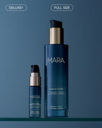 Two sizes of Aura Cleanse Foaming Gel Cleanser on glass shelf with blue background