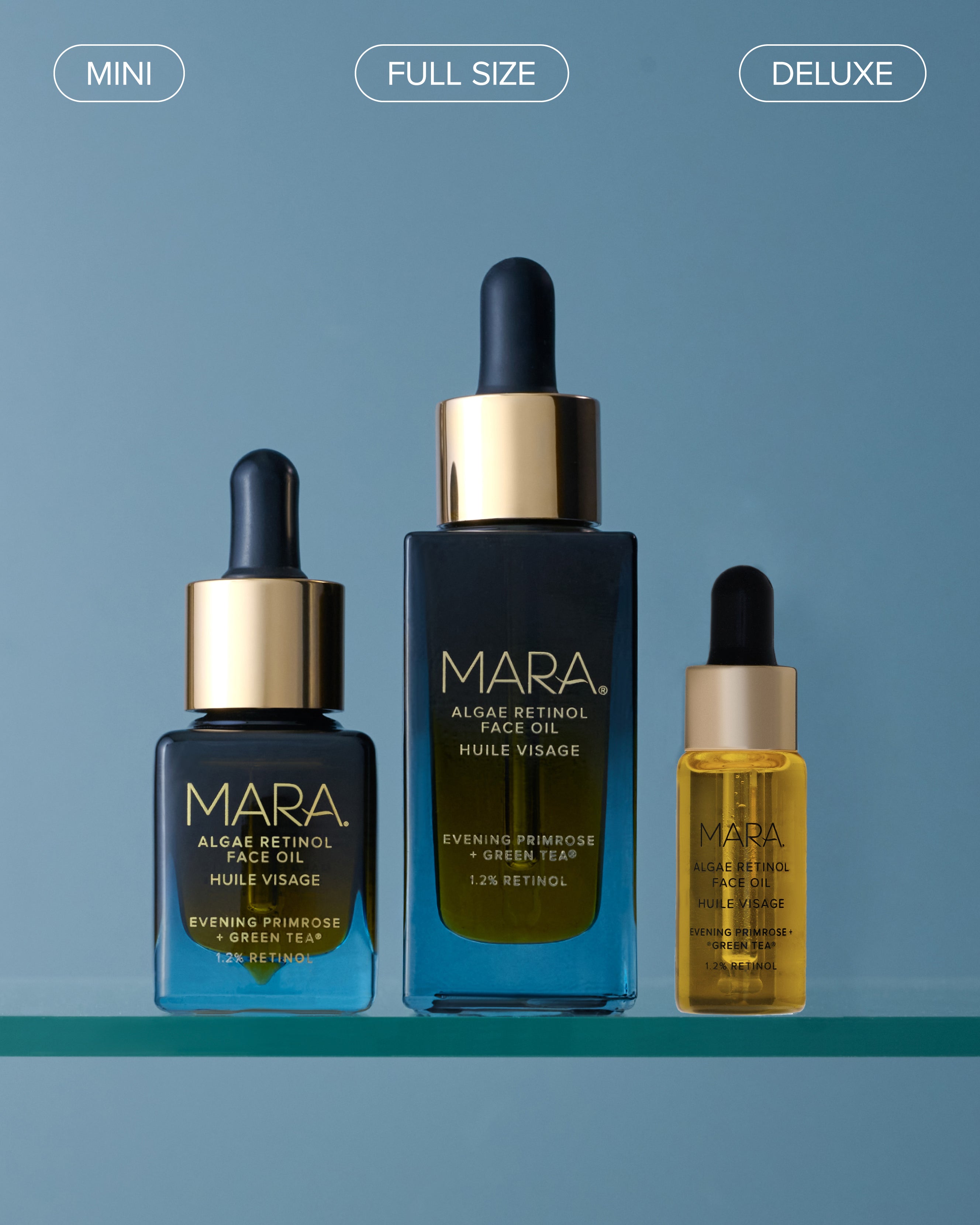 3 sizes of MARA Algae Retinol Face Oil on glass shelf