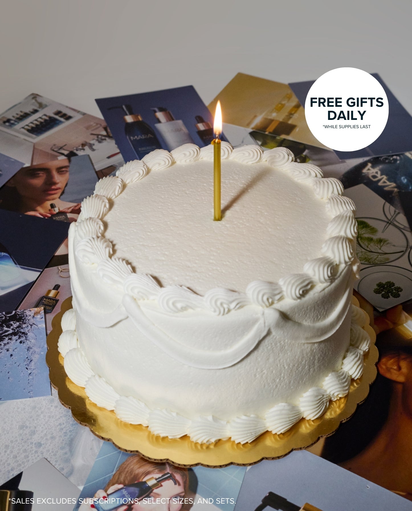 Birthday cake on top of brand images with sticker call out saying Free Gifts Daily *while supplies last