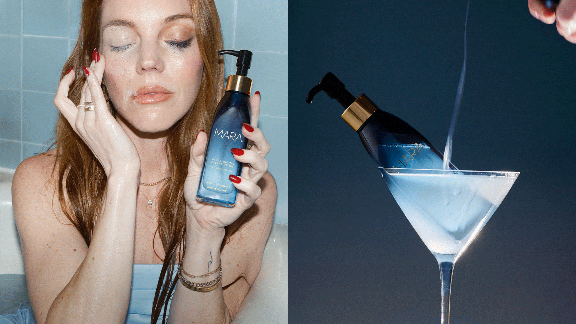 Woman washing her face next to GIF of Algae Enzyme Cleansing Oil in a martini glass