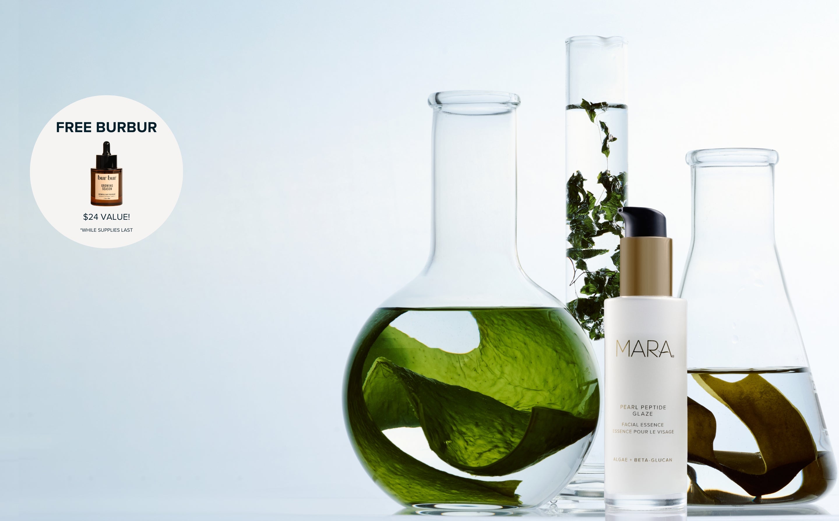 MARA Pearl Peptide Glaze, styled among three clear glass flasks containing algae, on a light blue background. A circular badge in the top-left says FREE BURBUR $24 VALUE! 