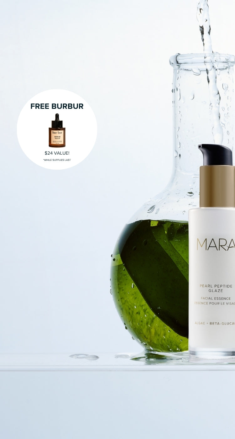 A MARA Pearl Peptide Glaze bottle stands beside a large glass flask filled with algae, with water pouring into the flask. A circular callout in the upper left advertises a free Burbur hair oil.