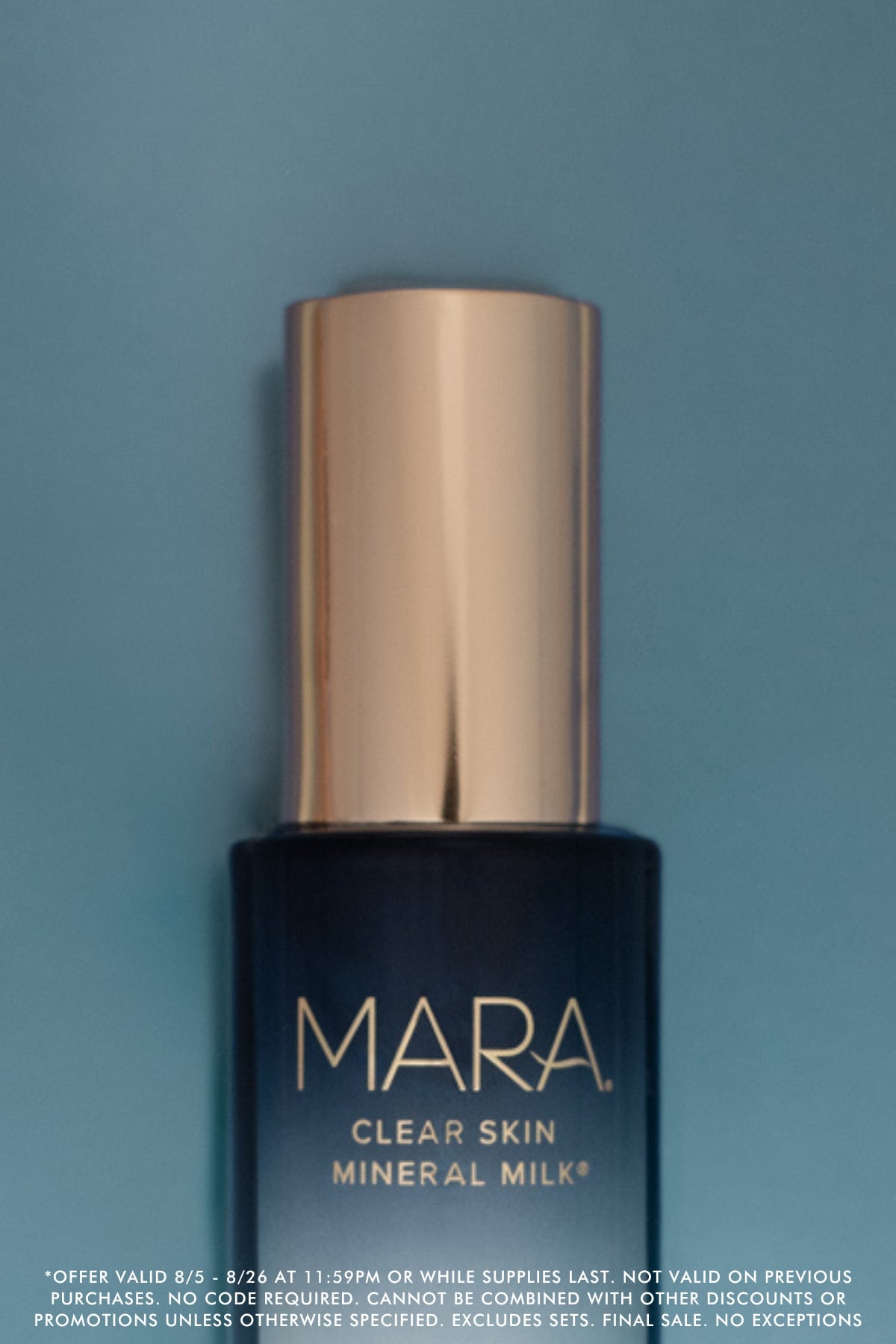 MARA Clear Skin Mineral Milk bottle on a blue background