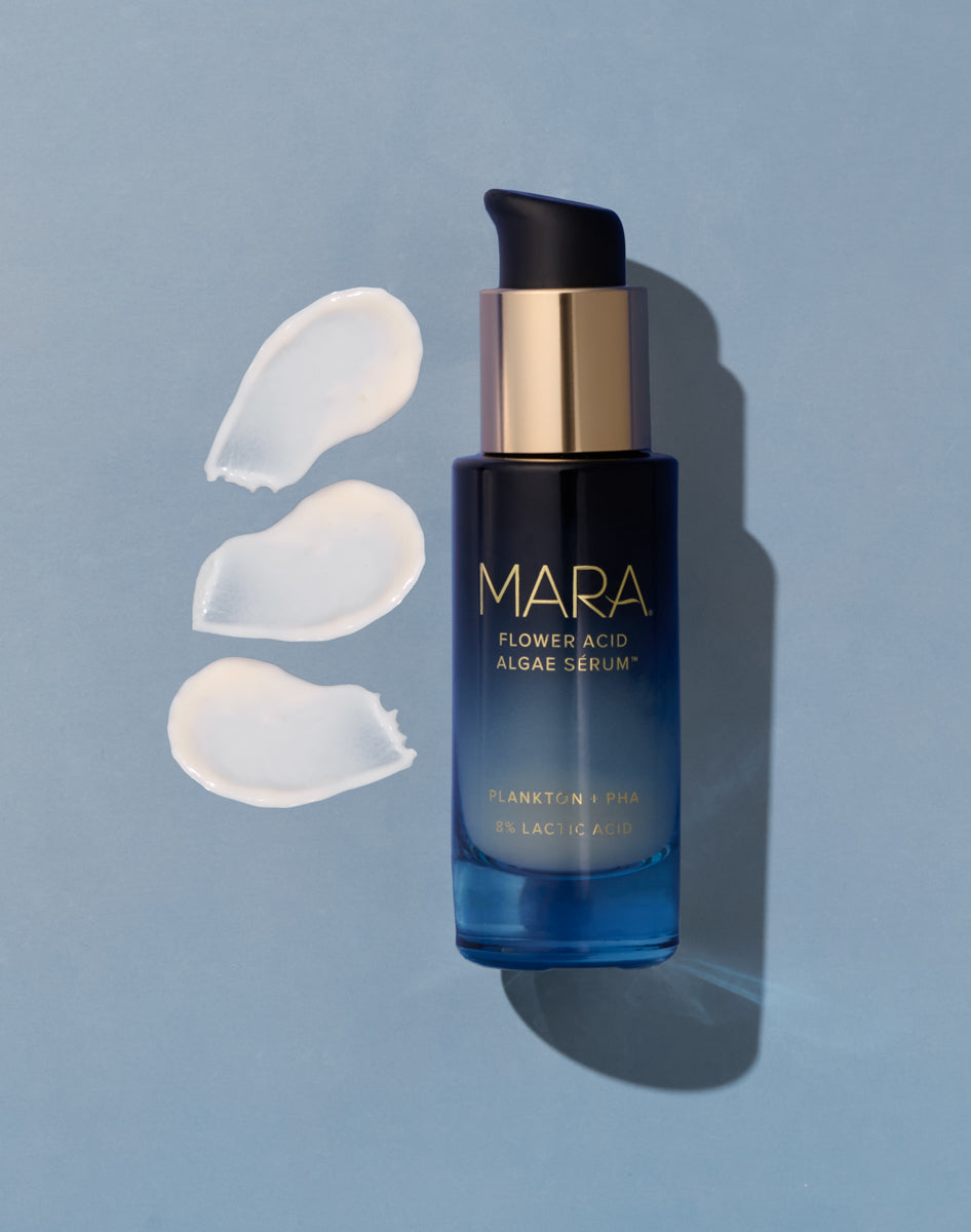 Flower Acid Algae Serum and swatch on blue background