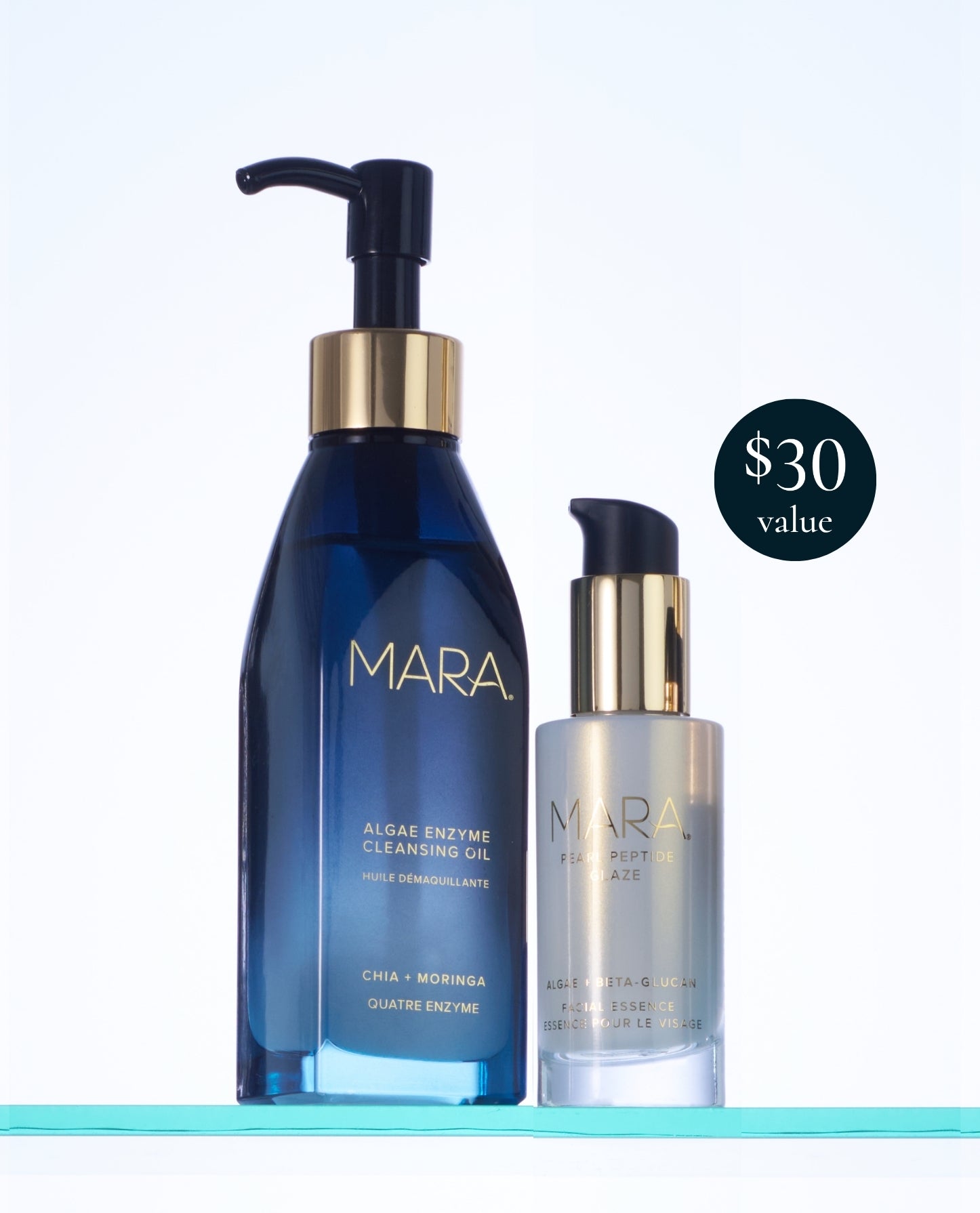 Algae Enzyme Cleansing Oil and Mini Pearl Peptide Glaze on glass shelf with $30 value sticker
