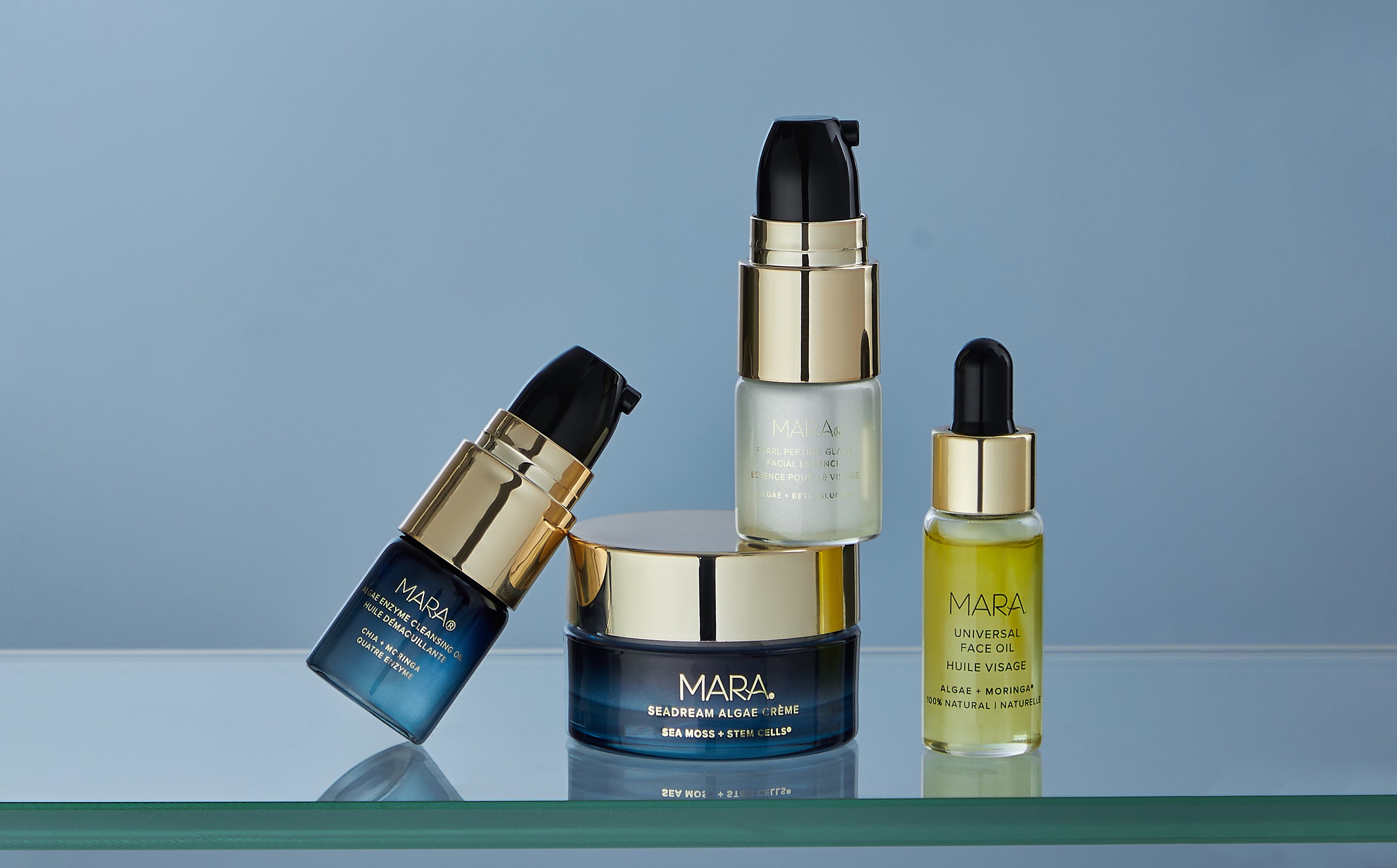 MARA Intro Deluxe Kit on glass shelf on blue background