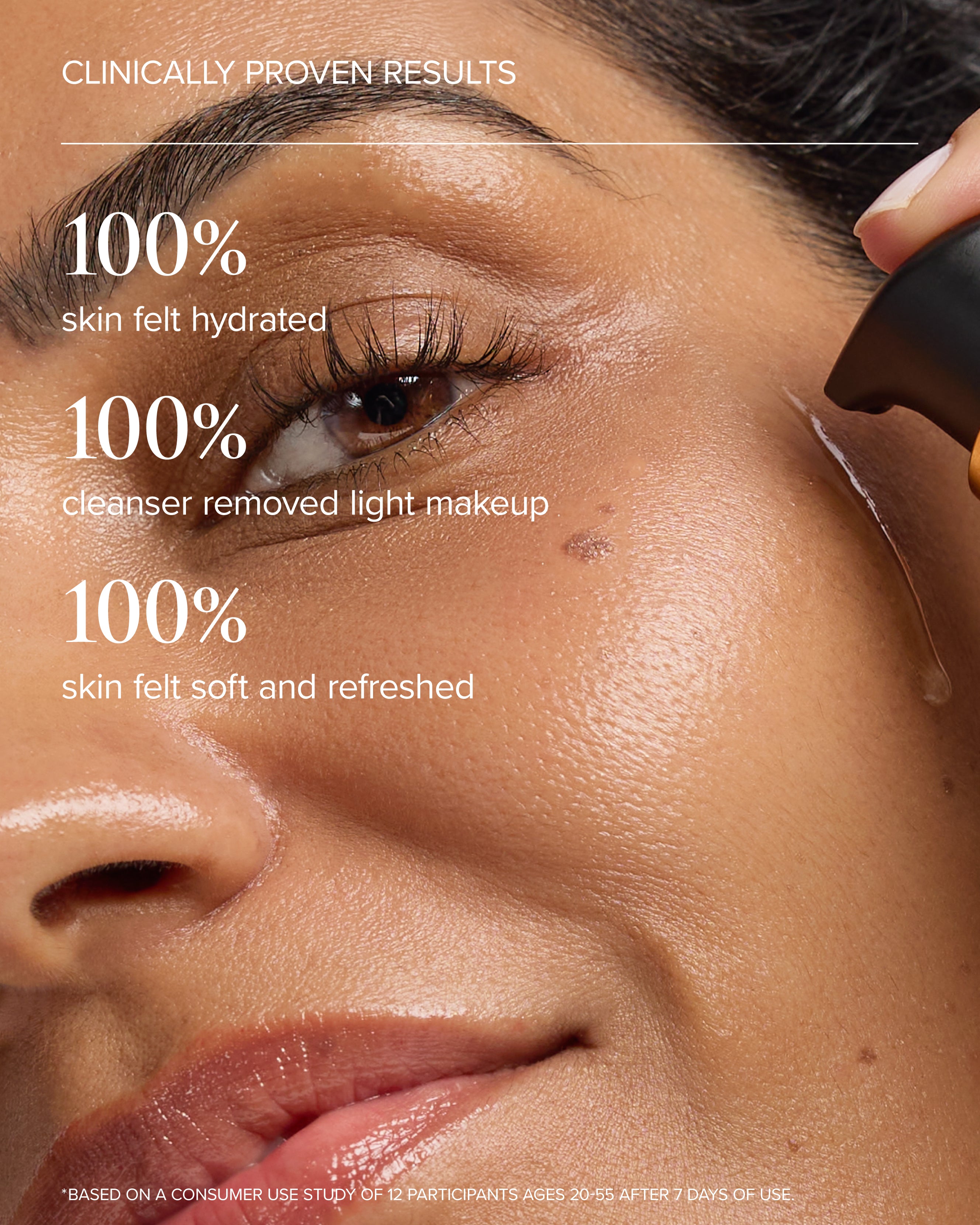 close up of woman's face with Aura Cleanse Foaming Gel Cleanser on her cheek and proven results 