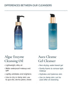 Aura Cleanse Foaming Gel Cleanser and Algae Enzyme Cleansing Oil side by side and the differences between them