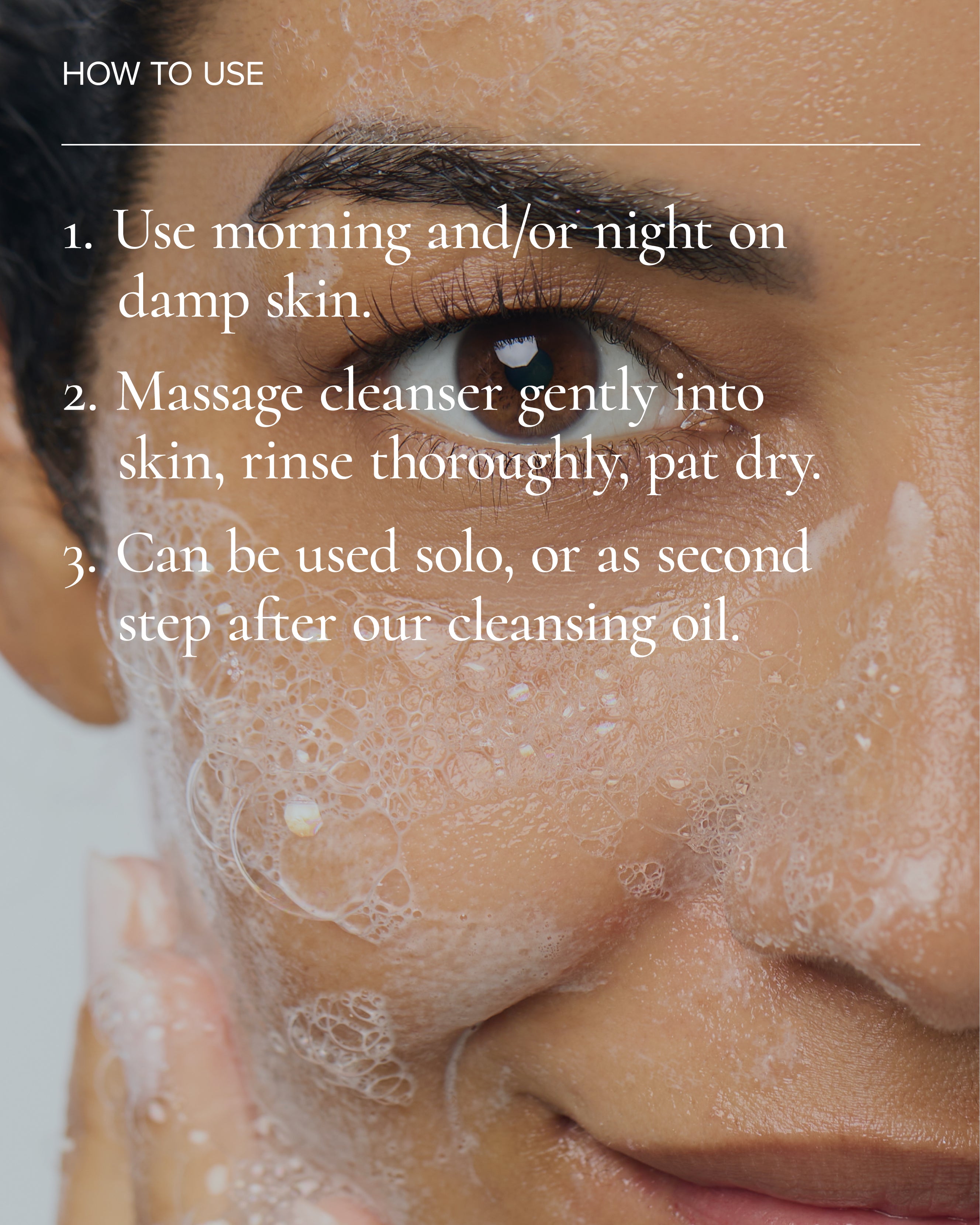 close up of woman's face with Aura Cleanse Foaming Gel Cleanser foam on her face and how to use
