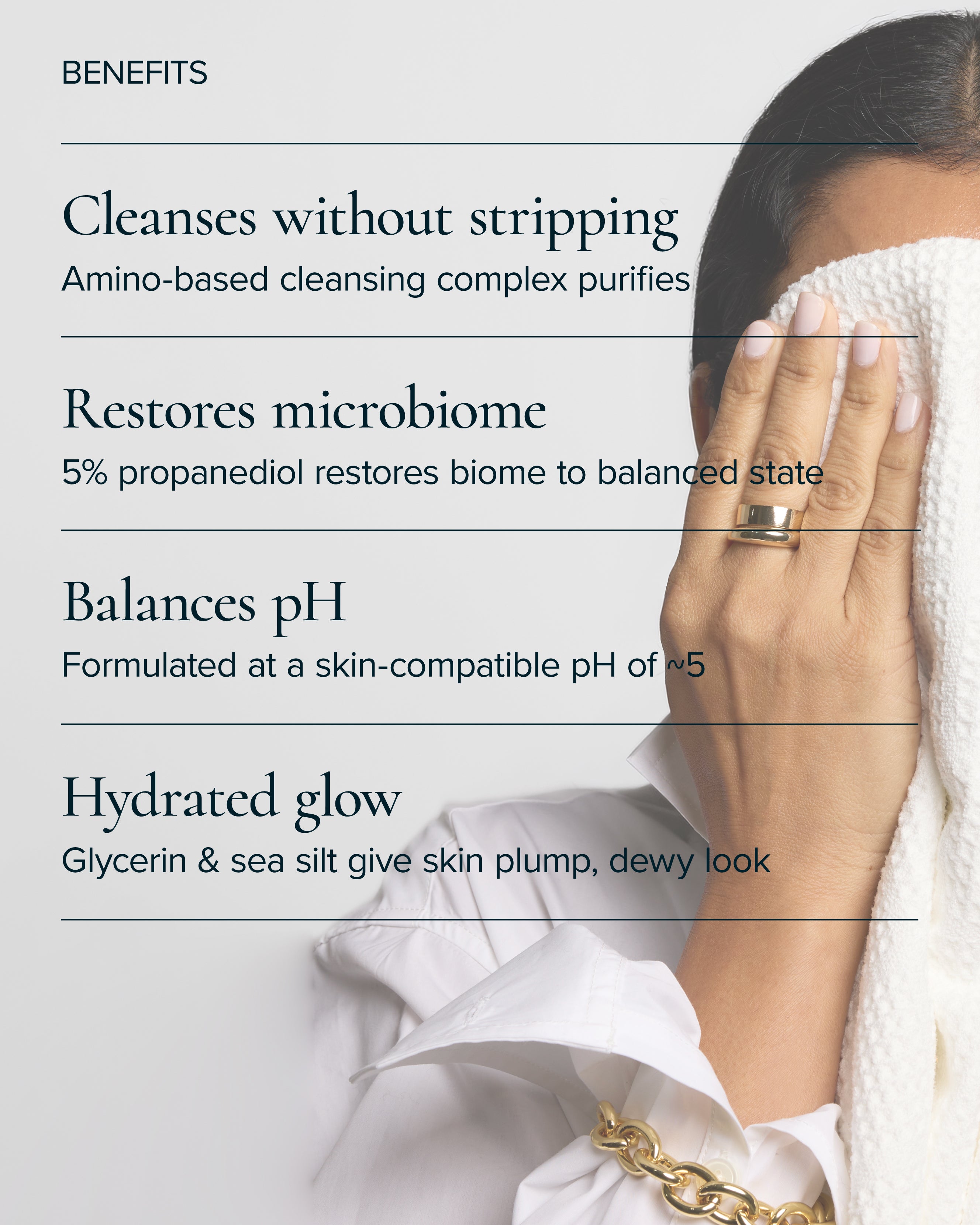 woman drying off her face after Aura Cleanse Foaming Gel Cleanser and the benefits