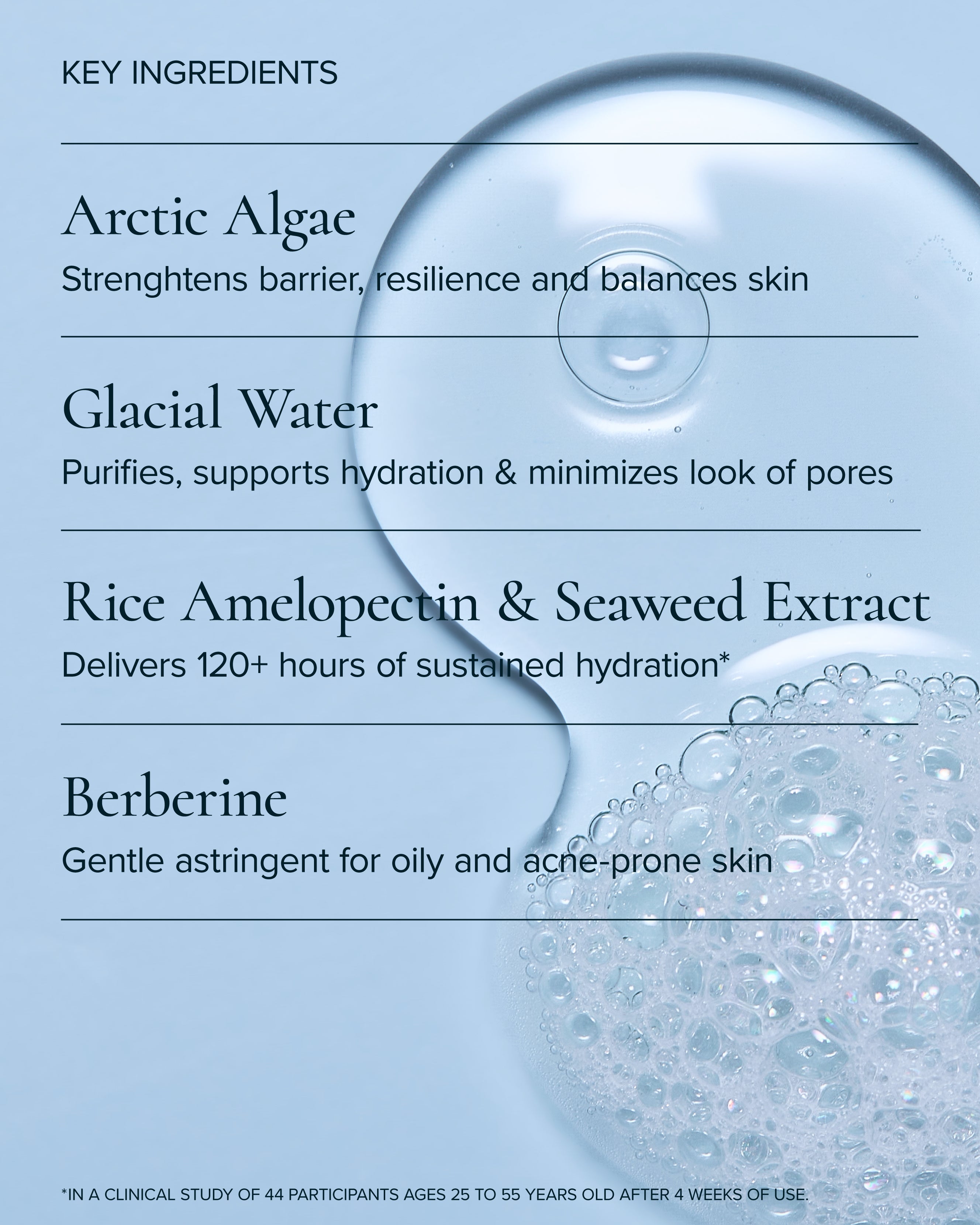 Swatch of Aura Cleanse Foaming Gel Cleanser and the key ingredients