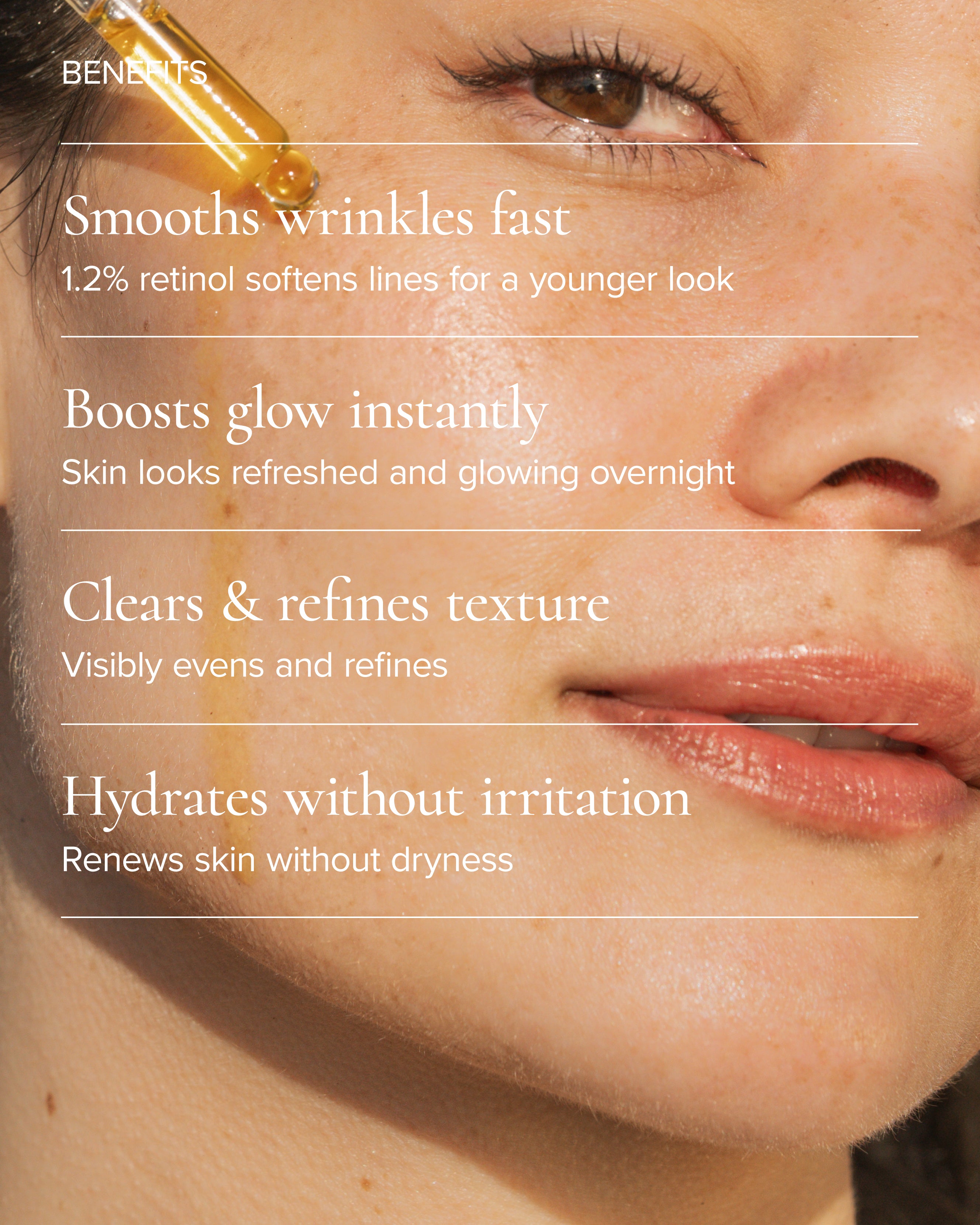 model putting algae retinol oil on her cheek with the benefits listed 