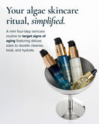Deluxe MARA products in a silver cocktail glass on a white background, with promotional text reading 'Your algae skincare ritual, simplified.'.