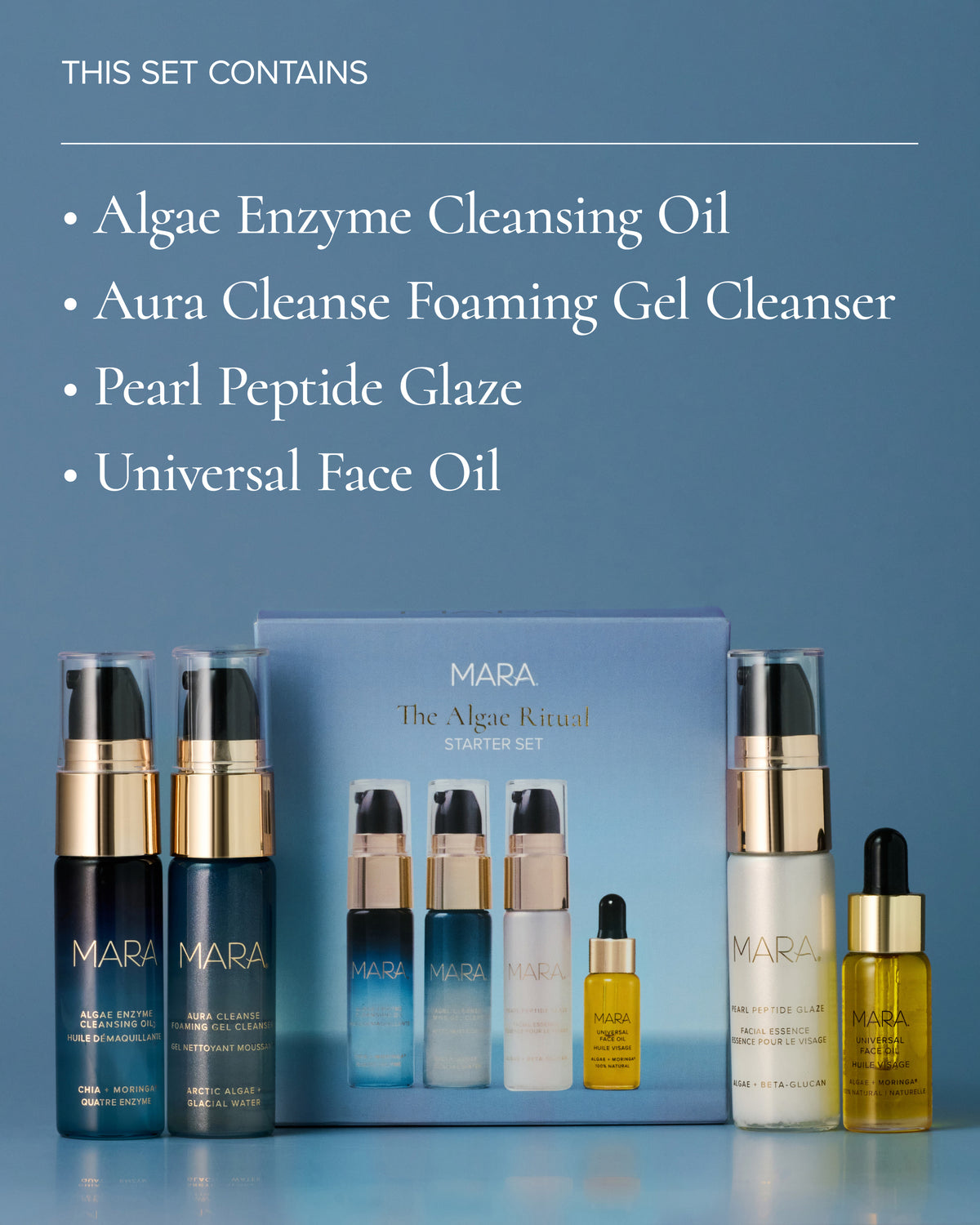 MARA The Algae Ritual Starter Set skincare collection displayed on a blue gradient background with text listing included items: Algae Enzyme Cleansing Oil, Aura Cleanse Foaming Gel Cleanser, Pearl Peptide Glaze, and Universal Face Oil.