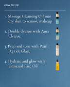 Blue instructional graphic with white text reading 'HOW TO USE' and four numbered steps showing different face oil bottles: cleansing oil, Aura Cleanse, Pearl Peptide Glaze, and Universal Face Oil.