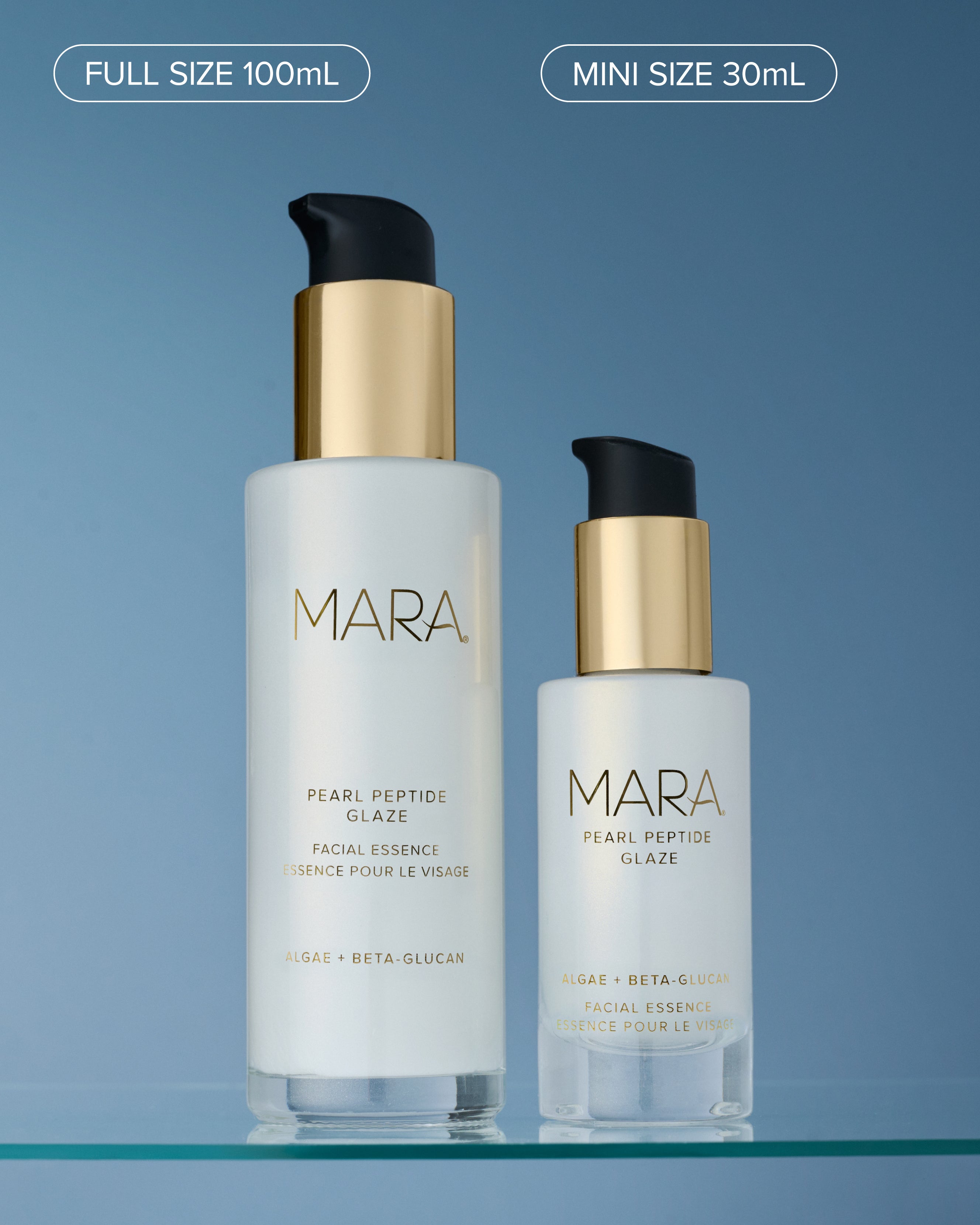 Size comparison between full size and mini Pearl Peptide Glaze  