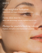 Close up of woman after using Sea Dream Algae Creme and the benefits listed on top 