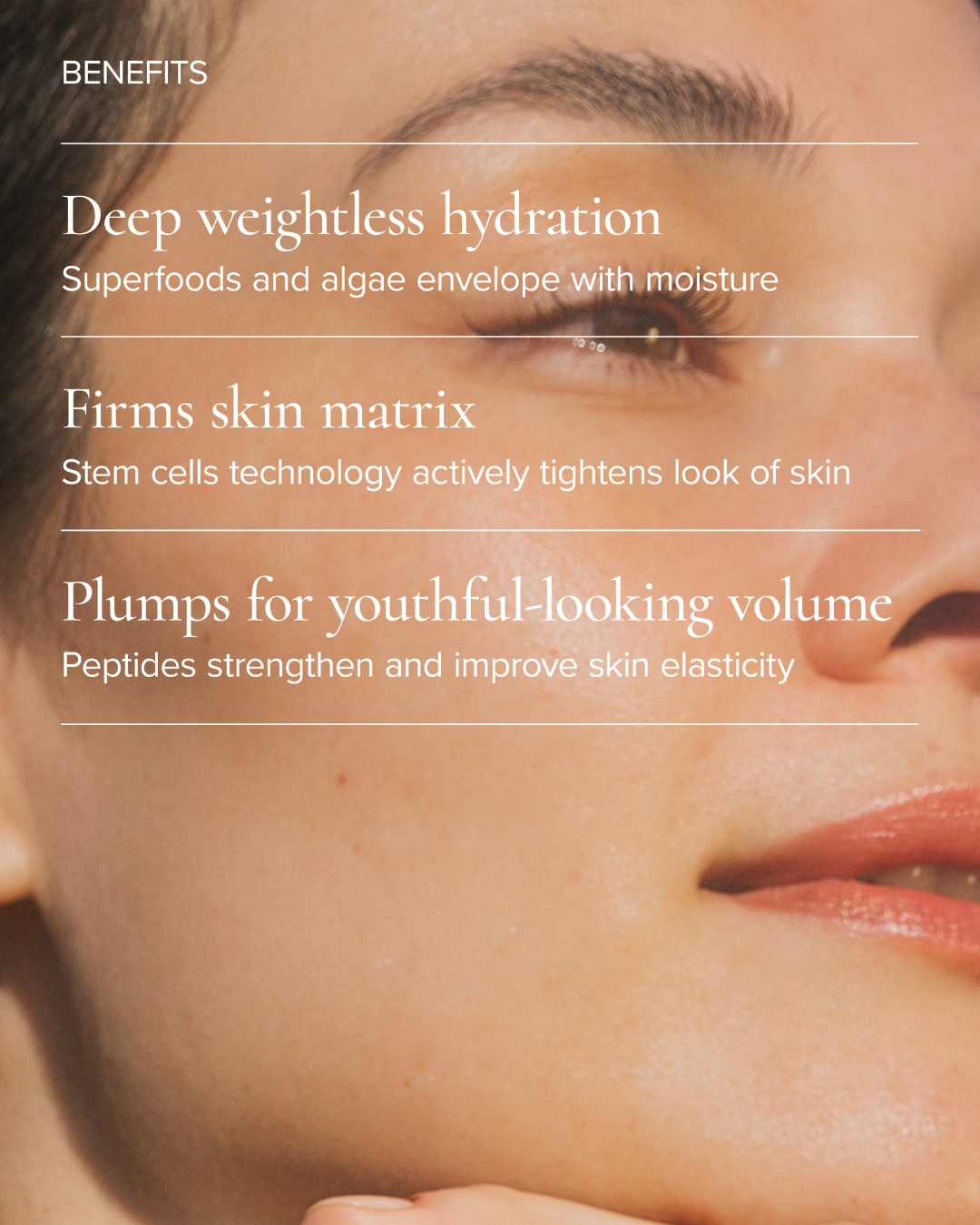 Close up of woman after using Sea Dream Algae Creme and the benefits listed on top 