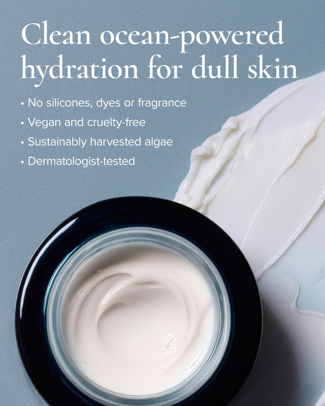 Open Sea Dream Algae Creme with product showing, and clean beauty facts about the product 