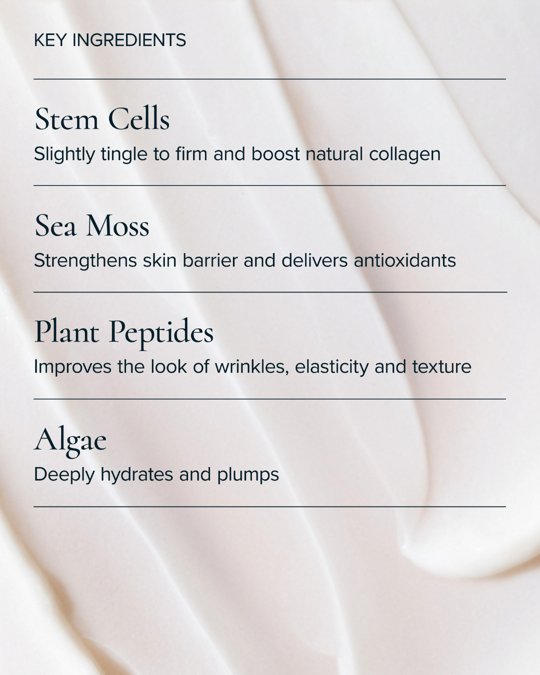 The key ingredients in Sea Dream Algae Creme, and a texture shot behind 