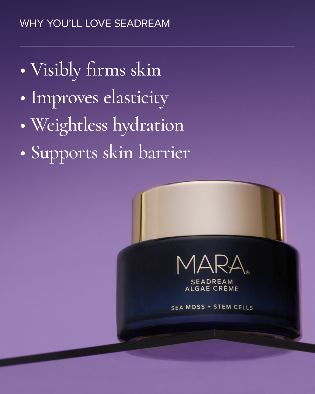 Sea Dream Algae Creme in front of a purple background and information about why you'll love it 