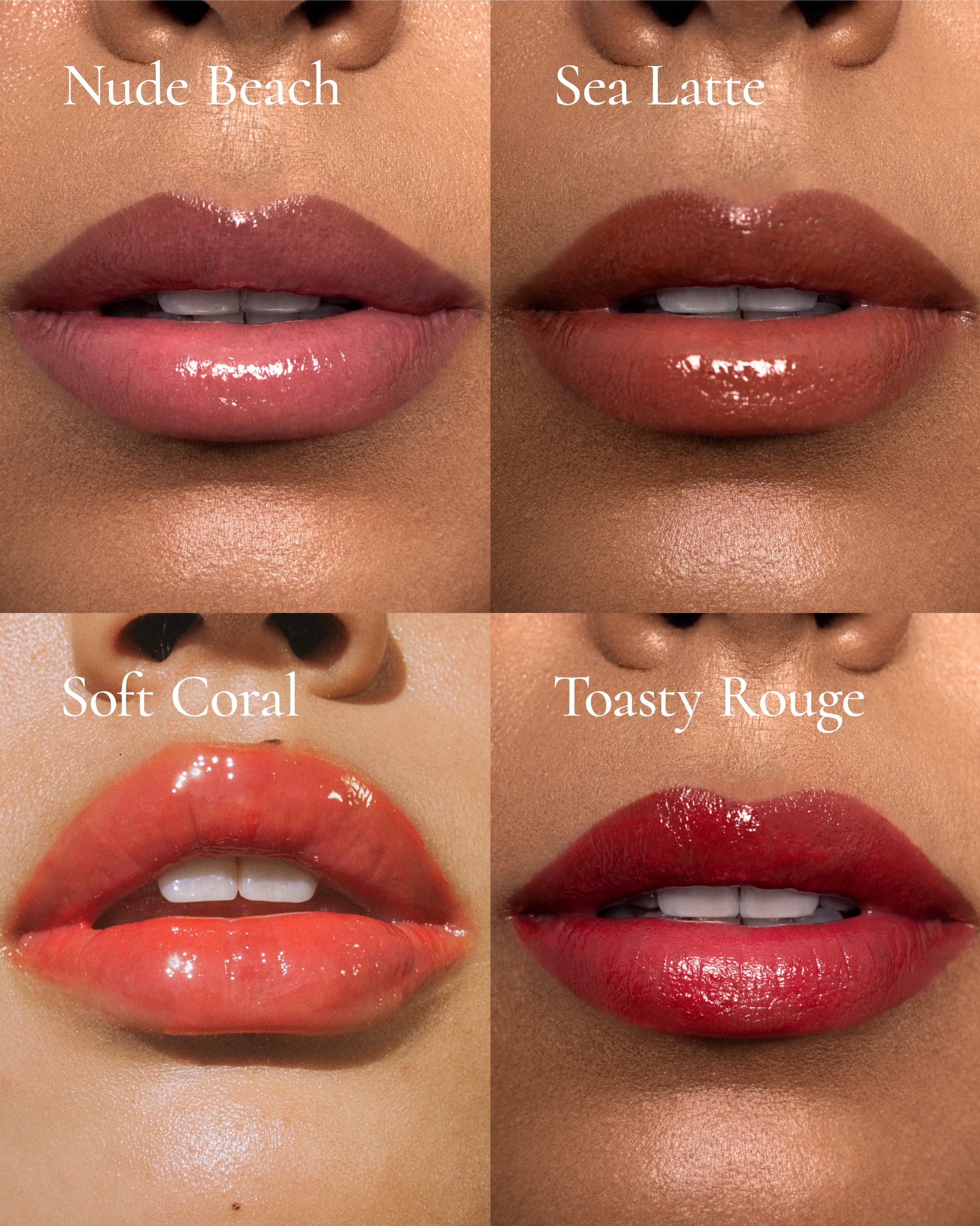 The shades of MARA Sea Silk Lip Balm Toasty Rouge, Nude beach, Sea Latte, Soft Coral 