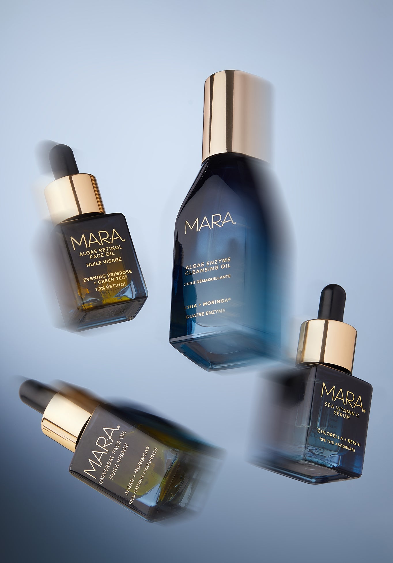Mini MARA products floating on a gradient blue background