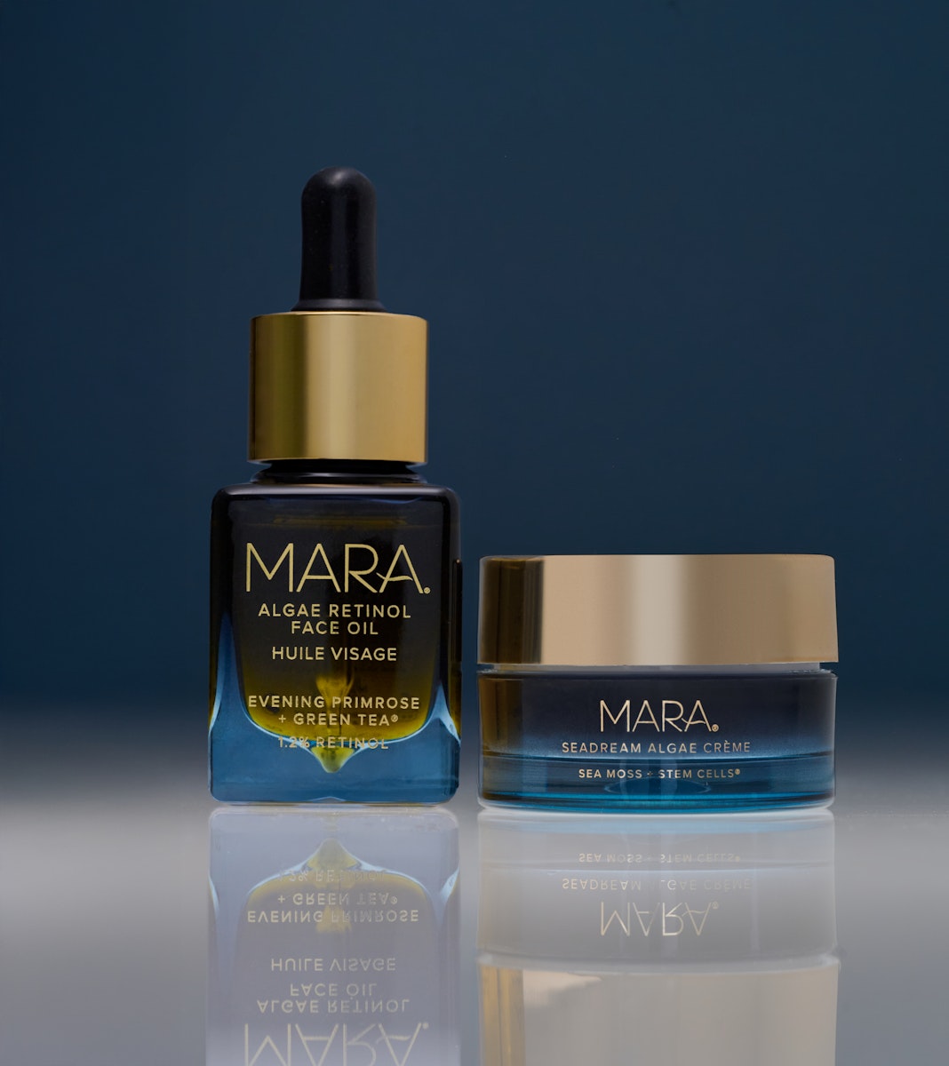 Mini Algae Retinol Face Oil and Mini SeaDream Algae Creme with blue background