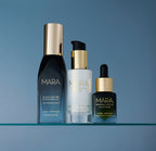 Travel Essentials Trio on glass shelf with blue background