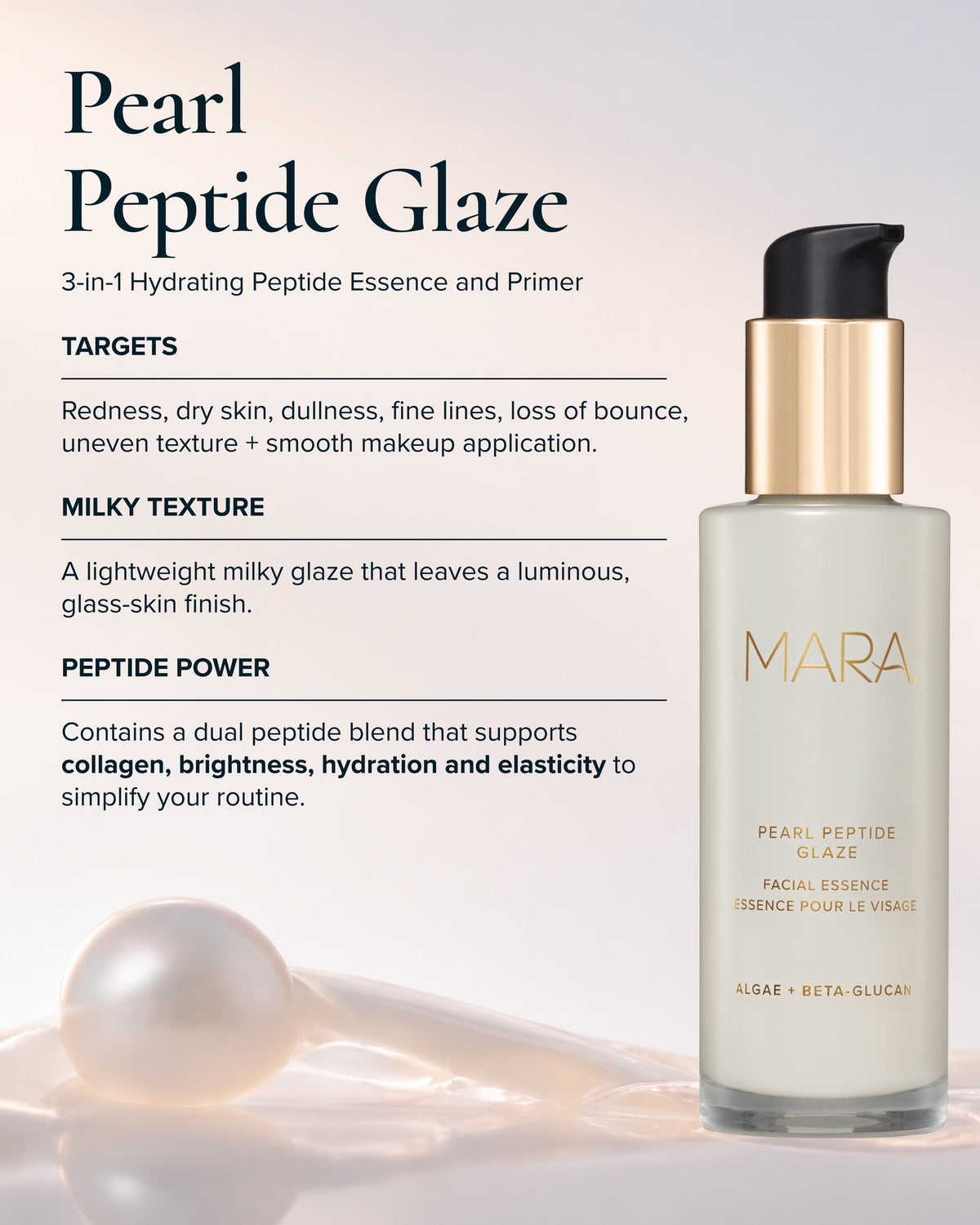MARA Pearl Peptide Glaze on a soft beige background with text on the left describing Target, texture and power