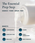 Promotional graphic for Pearl Peptide Glaze labeled 'The Essential Prep Step' showing product being poured from bottle. Text lists benefits including calming redness, even skin tone, brightening, plumping, firming, and deep hydration.