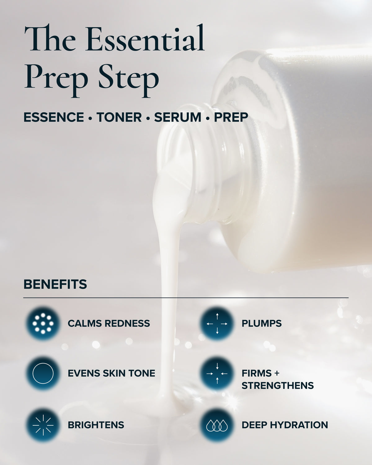 Promotional graphic for Pearl Peptide Glaze labeled 'The Essential Prep Step' showing product being poured from bottle. Text lists benefits including calming redness, even skin tone, brightening, plumping, firming, and deep hydration.