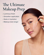 A woman applies Pearl Peptide Glaze to her cheek against a soft pink background, with the text 'The Ultimate Makeup Prep' and bullet points on the left.