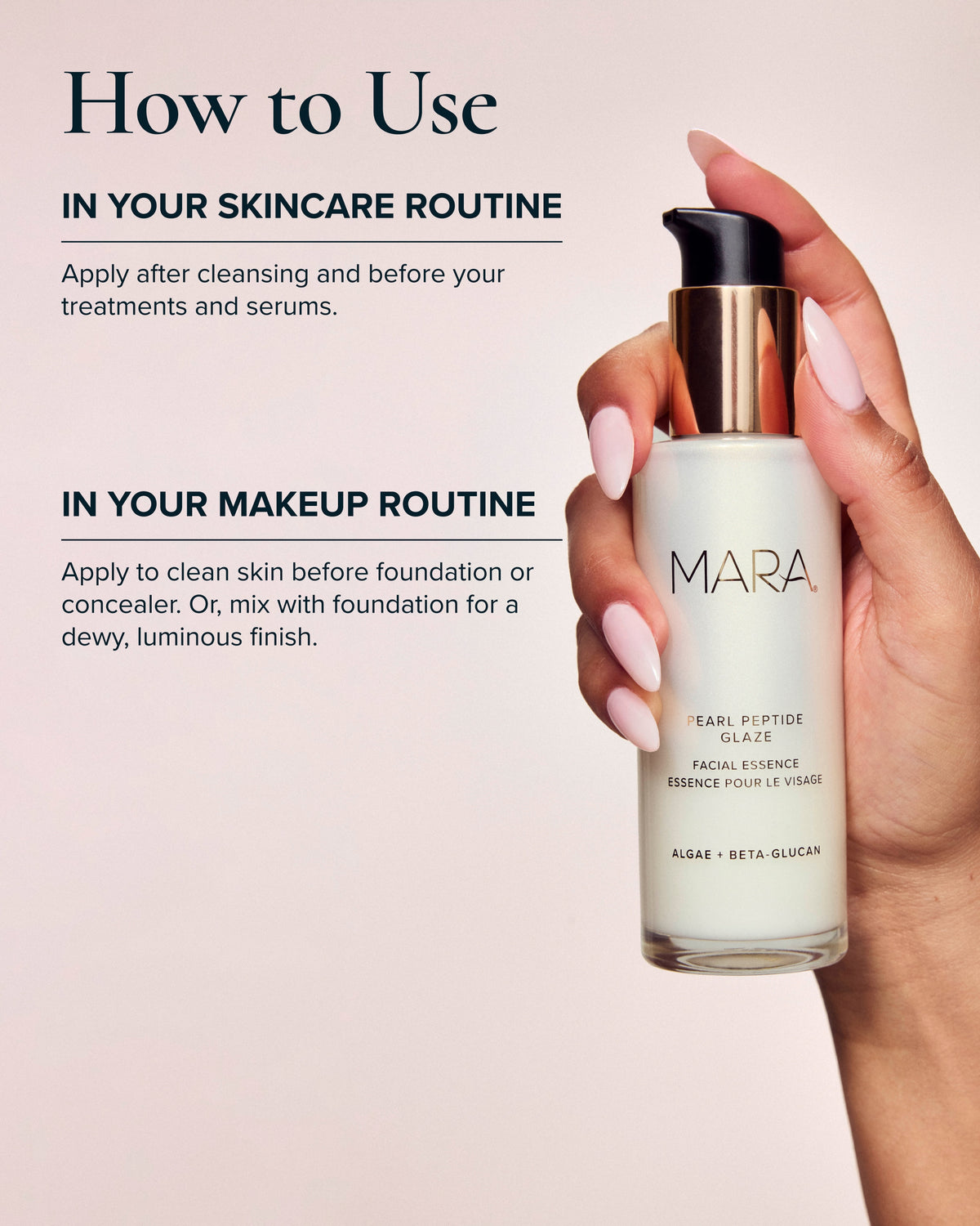 A hand holds pink manicured nails holds a bottle of MARA Pearl Peptide Glaze facial against a soft beige background with text detailing its use in skincare and makeup routines.
