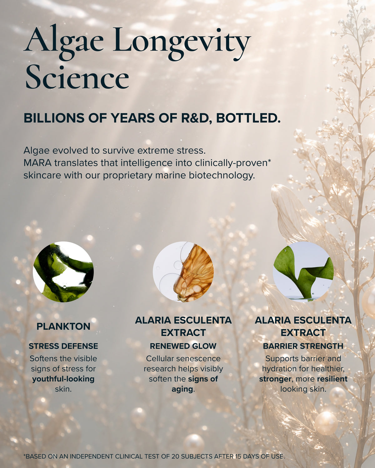 graphic titled 'Algae Longevity Science' and highlights three product components: Plankton (stress defense), Alaria Esculenta Extract (renewed glow), and Alaria Esculenta Barrier (barrier strength)