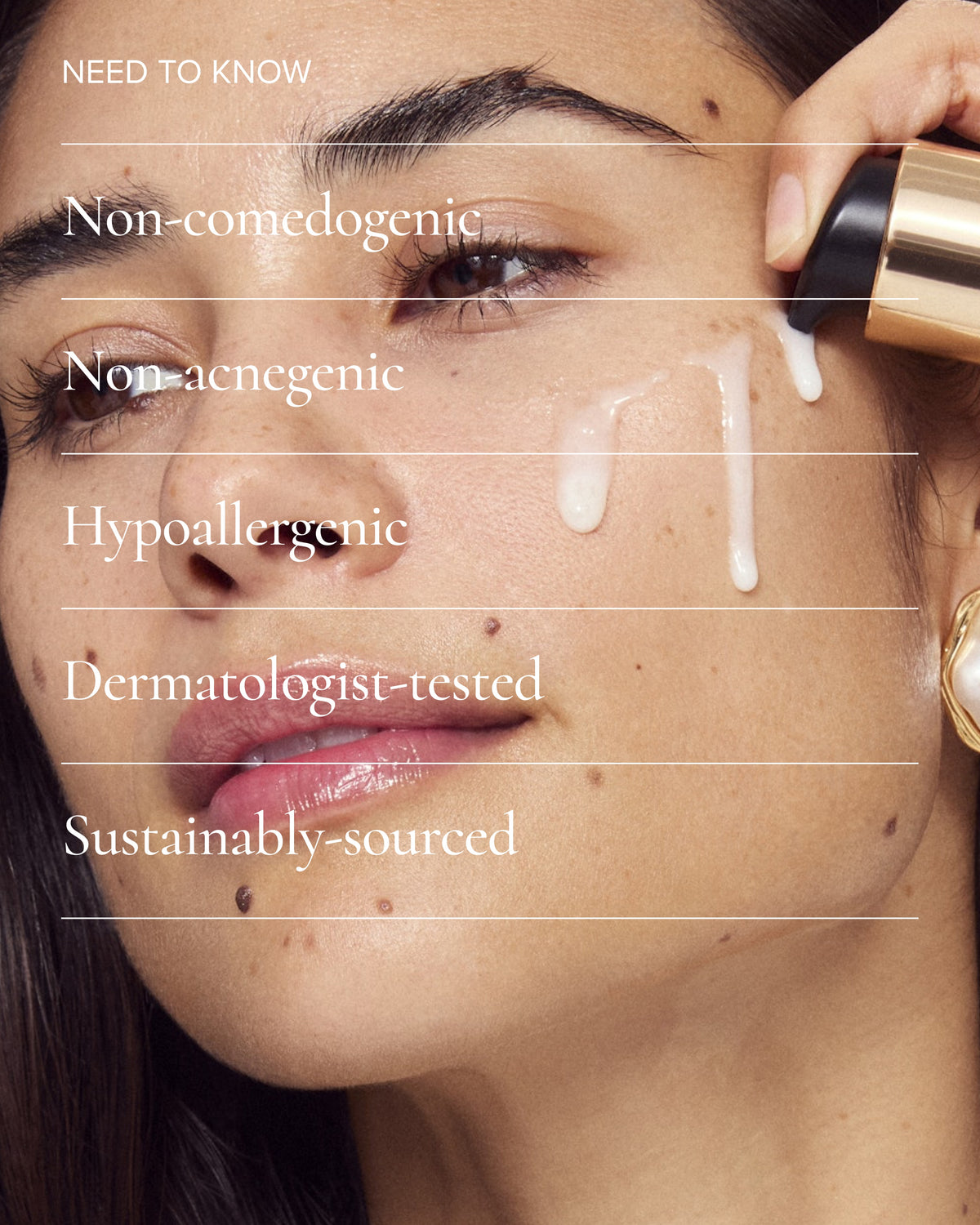 Close-up of a woman's face with text overlays listing skincare benefits: Non-comedogenic, Non-acnegenic, Hypoallergenic, Dermatologist-tested, and Sustainably-sourced. A hand is applying Pearl Peptide Glaze to face