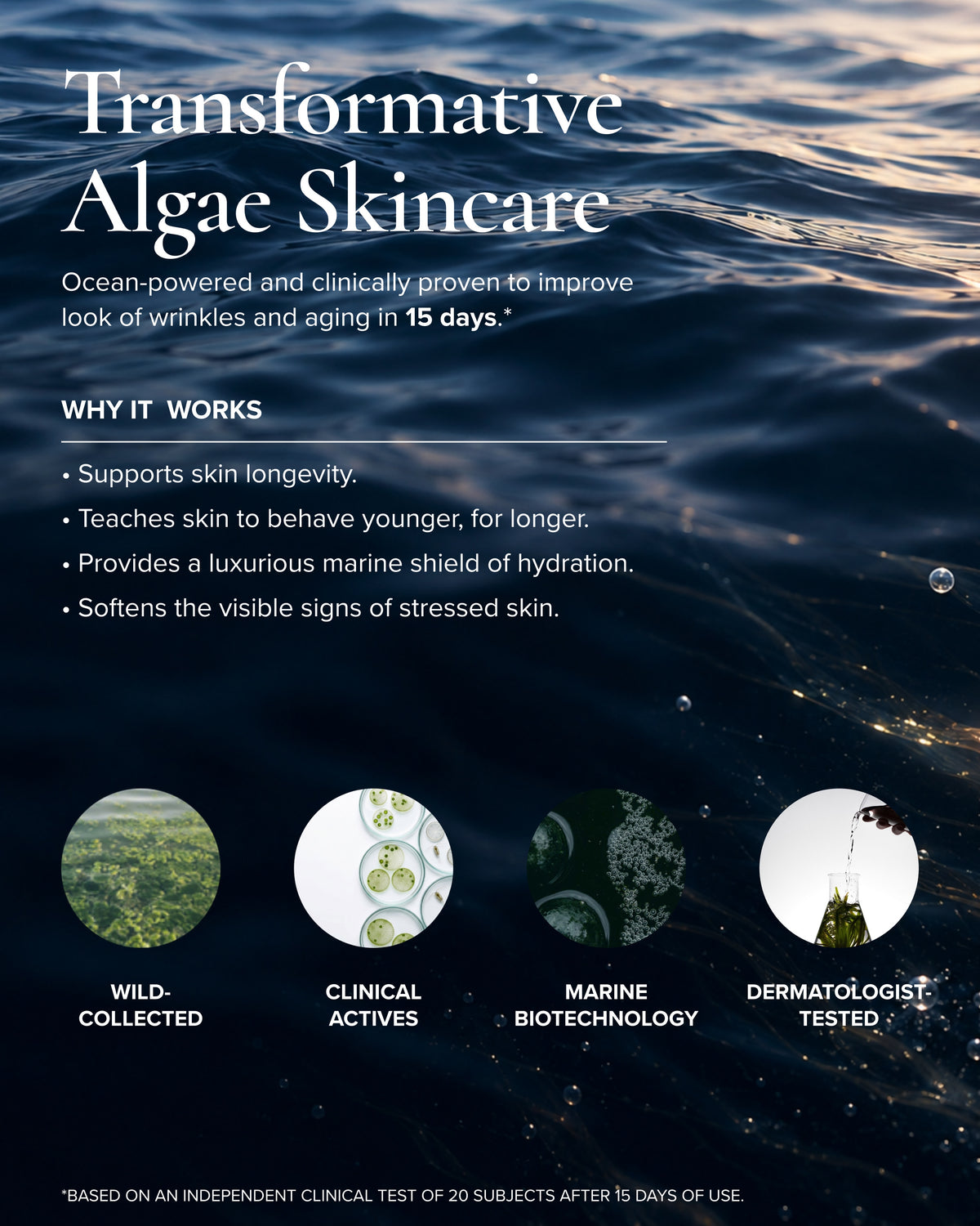 'Transformative Algae Skincare' over a dark ocean water background. The text describes ocean-powered benefits and lists four feature points: wild-collected, clinical actives, marine biotechnology, and dermatologist tested.