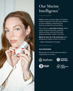Founder Allison McNamara holding Pearl Peptide Glaze, set against a split background with a dark navy text panel on the right describing our Marine Intelligence and Our Partners