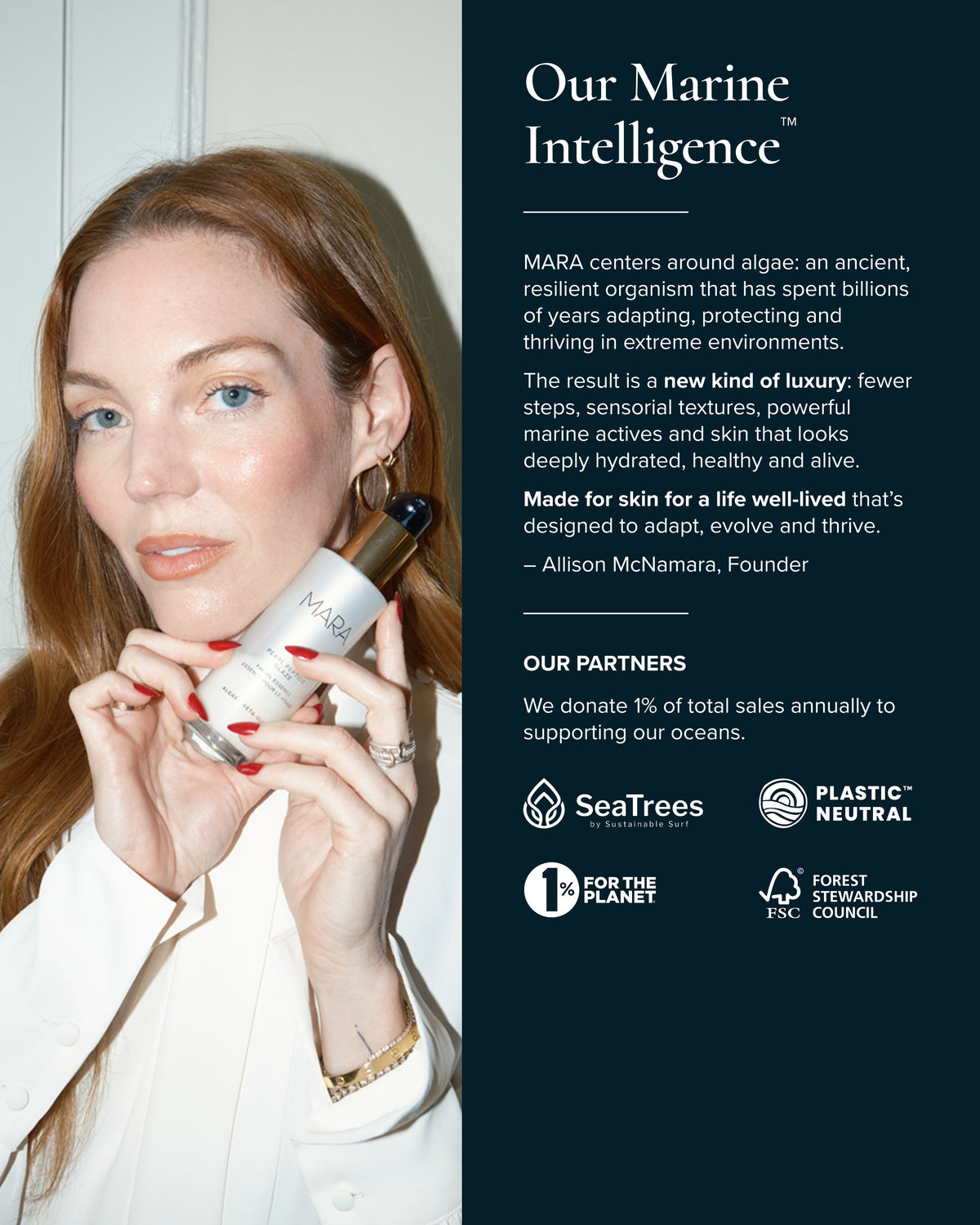 Founder Allison McNamara holding Pearl Peptide Glaze, set against a split background with a dark navy text panel on the right describing our Marine Intelligence and Our Partners