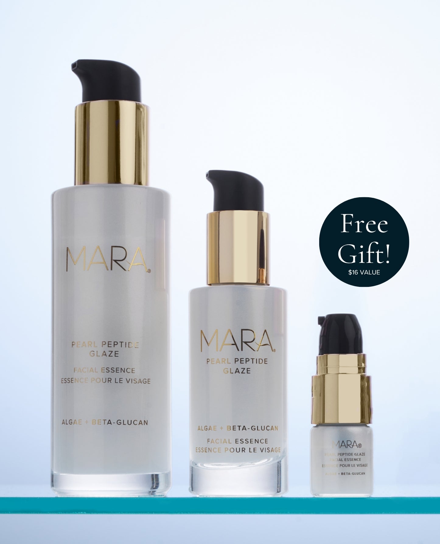 Three MARA Pearl Peptide Glazes with a free gift offer on a light blue background