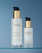 Two sizes of mARA Pearl Peptide Glaze on a glass shelf with a blue gradient background