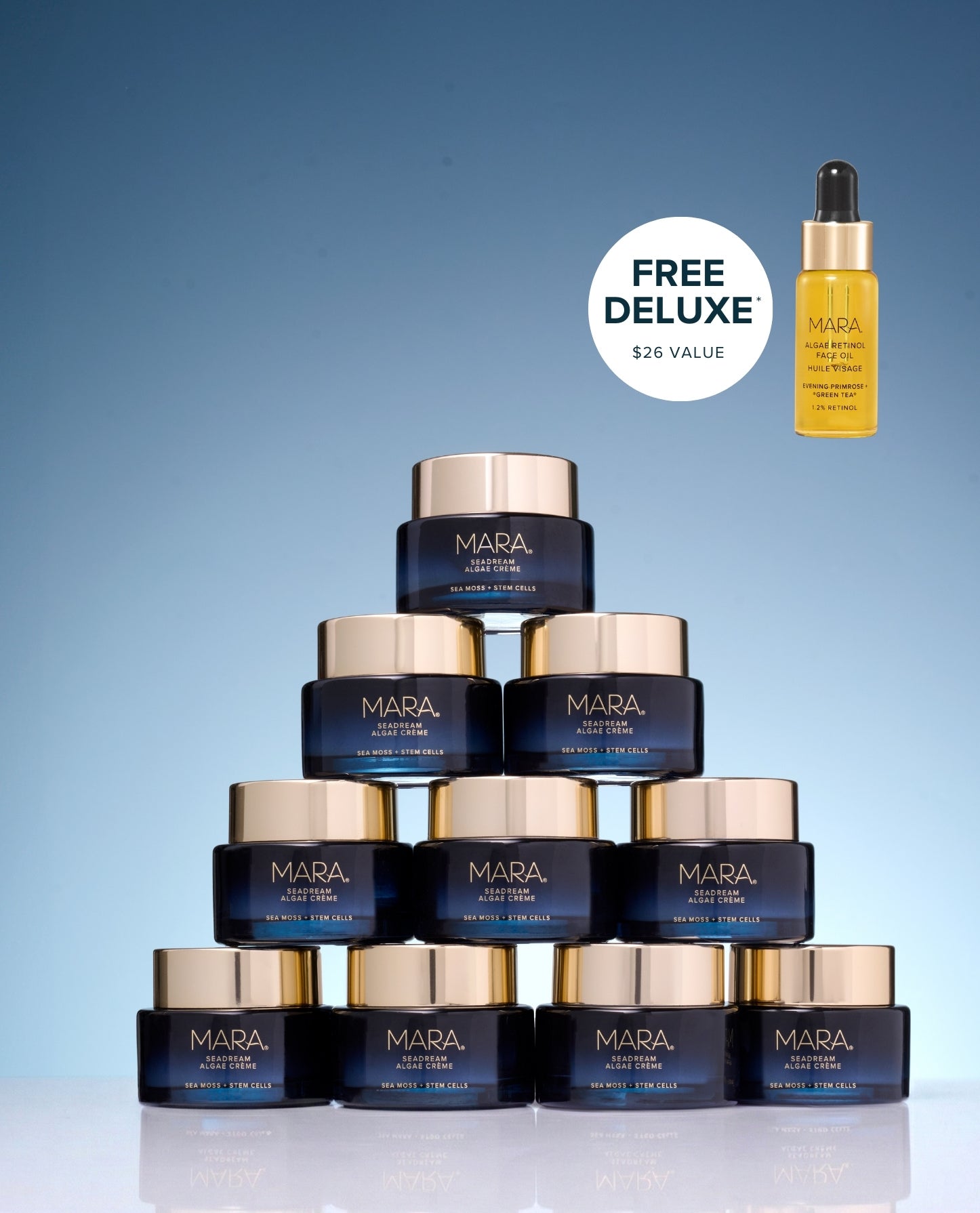 Stack of SeaDream jars with sticker reading free deluxe