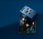 Sea the Glow Discovery Set on silver tray on blue background