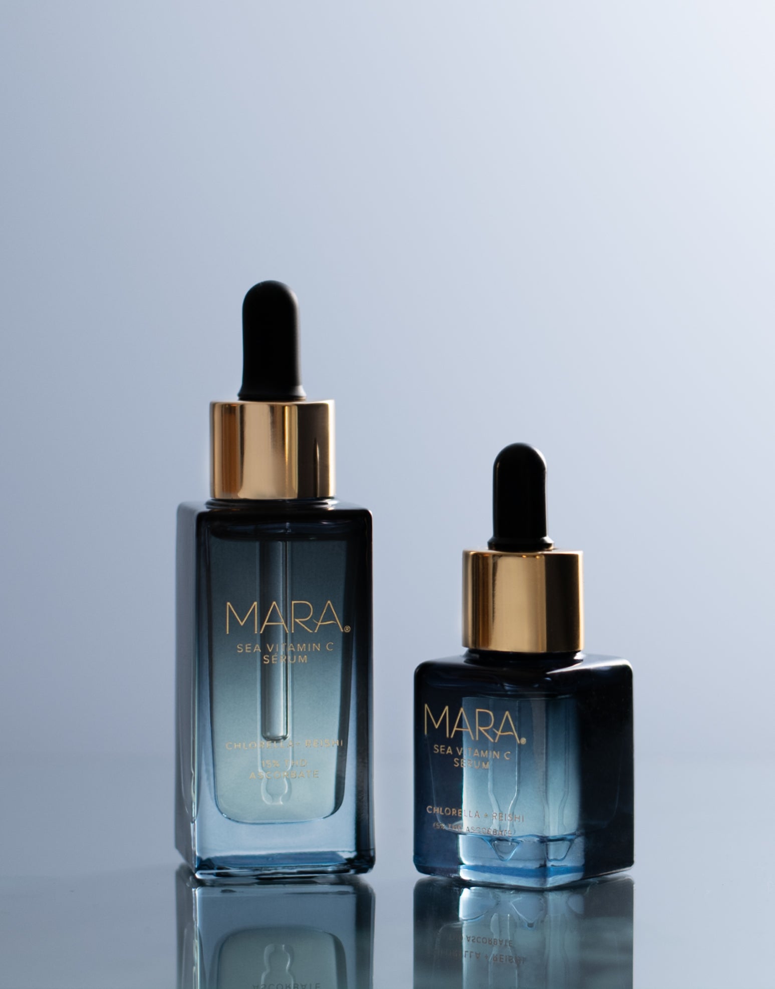 full size and mini Sea Vitamin C Serum on light blue background